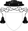 Hat sable with cords sable and argent and one tassel sable per side, used by Anglican priests in place of a helmet