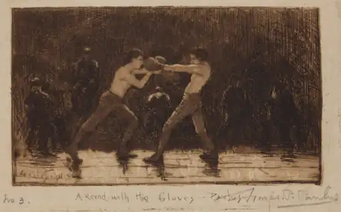The artist's earliest known etching, A Round with the Gloves, 1891.
