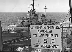 Indomito coming alongside USS Savannah in the Mediterranean Sea in 1974.