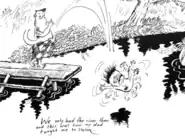 A man in a sarong (a wrap) walks on a pier. He tosses a boy, who is wildly waving his arms and legs, into the river.