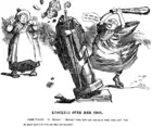 Newspaper cartoon by J. M. Staniforth, Morgan destroys an image of Saint David with a cudgel, Dame Wales looks on in dismay 1899. Date 6 January 1899