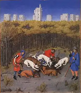 The Chateau behind a boar hunt, by Limbourg Brothers or Barthélemy d'Eyck (1412–1416)