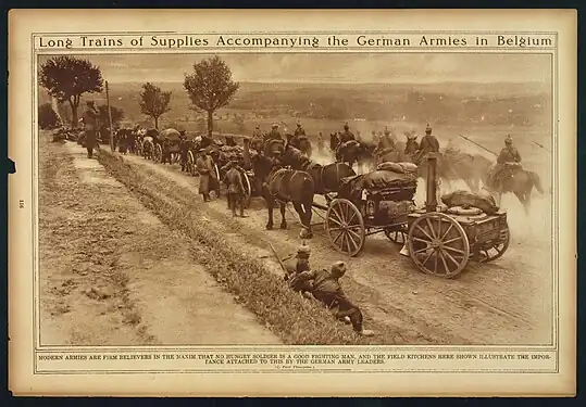 German cavalry with lances on the march, with a field kitchen, during the First World War, 1919