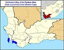 Map of Western Cape, South Africa showing highlighted range covering two areas in the extreme southwest