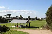 Looking across the Coastal Reserve to the town from near the Surf Life Saving Club