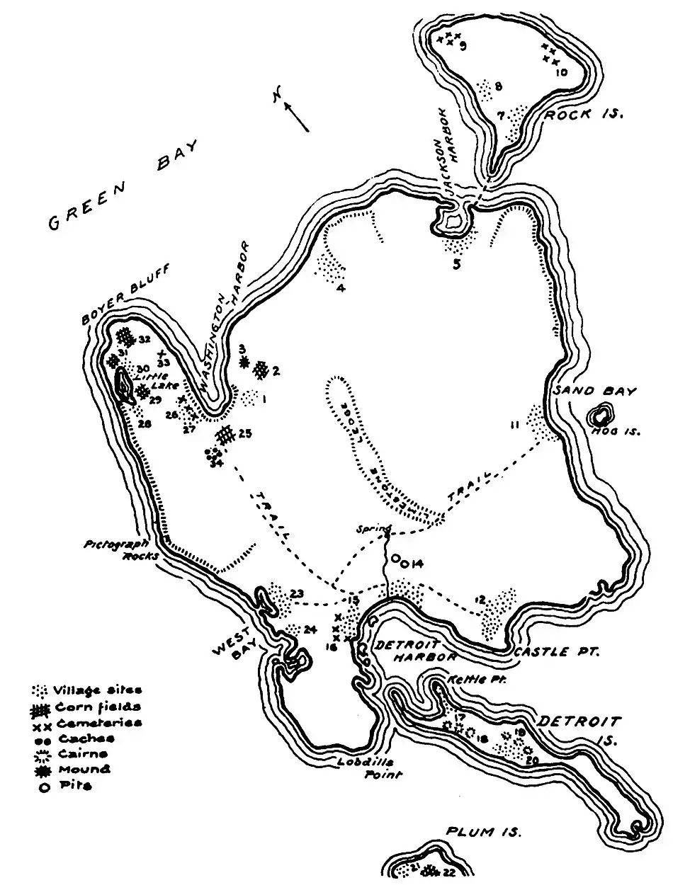 From Holand's diagram showing Native American use and remains; the dots to the right of the site 11 label marks the tentative location of the village.
