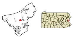 Location of Nazareth in Northampton County, Pennsylvania (left) and of Northampton County in Pennsylvania (right)