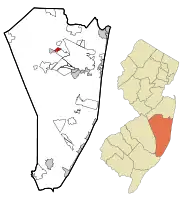 Map of Leisure Knoll CDP in Ocean County. Inset: Location of Ocean County in New Jersey.