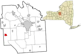 Skaneateles village's location in Onondaga County and the county's location in the state of New York, both highlighted in red; other incorporated areas of the  county highlighted in gray