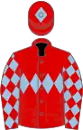 RED, light blue triple diamond, light blue diamonds on sleeves, light blue diamond on cap