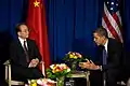 Barack Obama and Wen Jiabao sitting on the Round Chair at the 2009 United Nations Climate Change Conference
