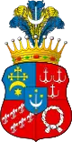 Grabowski IX Hrabia, a variation of Zbiświcz (Parted quarterly with an inescutcheon: Zbiświcz – Korybut/Turno/Wierzbna/Nałęcz). Coat of Arms of Count Józef Ignacy Goetzendorf-Grabowski and Count Józef Grabowski (Prussia)