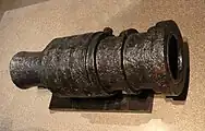Small wrought iron bombard, Metz, circa 1450. Length: 0.82m, caliber: 175mm, weight: 200kg, ammunition: 6kg stone.