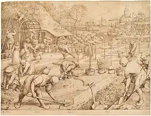 Spring, 1565, a drawing made to be engraved and suggestive of April-May. It was apparently never painted by Bruegel himself, but after his death came dozens of versions in paint by his son and others.