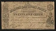 25-cent bill inscribed "THIS CERTIFIES THAT THERE HAS BEEN DEPOSITED IN THE MACON SAVINGS BANK IN CONFEDERATE TREASURY NOTES TWENTY FIVE CENTS. Payable to the Holder with FOUR PER CENT INTEREST. after thirty days notice in Confederate Treasury Notes when presented in sums of FIVE DOLLARS MACON, GA. March 16. 1863.