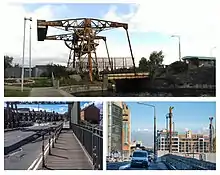 alt=Collage of three pictures. They are all taken during the day.  The sky is blue with white clouds on all of them.
The picture on top: A bridge on a stream, there is a construction crane of some sort on the bridge. On left side, there is a neatly maintained lawn. 
Below this picture, there are two photos side-by-side. The photo on the left - picture of road with pedestrian path. In the background, there are houses on both sides of the road, with a traffic light, and a car. 
In the photo on the right, there are tall buildings on both sides of the road, there are cars and vans parked on both sides of the road.