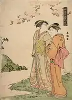 Woodblock print by Katsukawa Shunchō titled “Viewing Flowers in Four Seasons” (Shiki no hanami)
