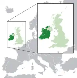 Location of Southern Ireland{{{1}}} (dark green)in the United Kingdom (green)