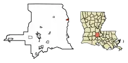 Location of Melville in St. Landry Parish, Louisiana.