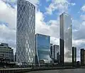 The Newfoundland, One Bank Street and Landmark Pinnacle towers, at Westferry Road, Canary Wharf, seen from River Thames. November 2020.