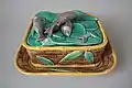 VPC Victoria Pottery Company Sardine Box and cover, 7.9 ins., coloured glazes majolica, c. 1880.