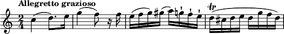 \relative c'' {
  \key c \major
  \time 2/4
  \tempo "Allegretto grazioso"
  c4(d8.) e16 | g4(f8) r16 f | e(f g) gis(a) g-! f-! e-! | d\trill(cis d e d g f d) |
}