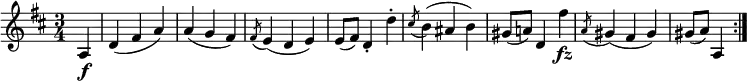 \relative a {
  \key d \major \time 3/4
  \partial 4 a4 \f
  d4( fis a)
  a4( g fis)
  \acciaccatura fis8 e4( d e)
  e8( fis) d4-. d'-.
  \acciaccatura cis8 b4( ais b)
  gis8( a!) d,4 fis' \fz
  \acciaccatura a,8 gis4( fis gis)
  gis8( a) a,4 \bar ":|."
}
