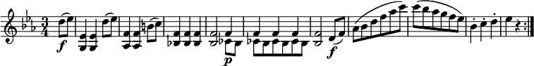 { \relative d'' { \key es \major \time 3/4
\partial 4 d8( \f es) | <es, g,>4 <es g,> d'8( es) | <f, as,>4 <f as,> b8( c) | <f, bes,!>4 <f bes,> <f bes,> |
<f bes,>2 << { \voiceOne f4 | f4 f f } \new Voice { \voiceTwo ces8 \p bes | ces8 bes ces bes ces bes} >> |
\oneVoice <f' bes,>2  d8( \f f) | as8( bes d f as c) | c8( bes as g f es) | bes4-. c-. d-. | es4 r \bar ":|." }}
\layout { \context {\Score \override SpacingSpanner.common-shortest-duration = #(ly:make-moment 1/4) }}