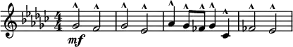 \relative c'' { \clef treble \numericTimeSignature \time 4/4 \key ees \minor
   ges2^^\mf f^^ | ges^^ ees^^ | aes4^^ ges8^^ fes^^ ges4^^ ces,^^ | fes2^^ ees^^ }