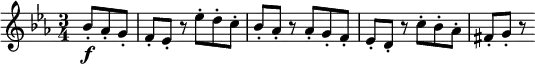 \relative bes' {
  \key es \major \time 3/4
  \partial 4. bes8-. \f as-. g-.
  f8-. es-. r es'-. d-. c-.
  bes8-. as-.  r as-. g-. f-.
  es8-. d-. r c'-. bes-. as-.
  fis8-. g-. r
}
