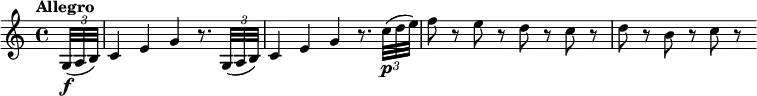 \relative c' {
  \override Score.NonMusicalPaperColumn #'line-break-permission = ##f
  \tempo "Allegro"
  \partial 16 \times 2/3 { g32(\f a b) } |
  c4 e g r8. \times 2/3 { g,32( a b) } |
  c4 e g r8. \times 2/3 { c32\p( d e) } |
  f8 r e r d r c r |
  d8 r b r c r
}