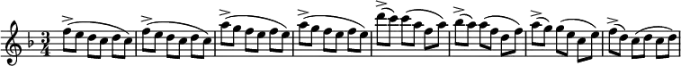 \relative c'' {
\key f \major
\time 3/4
\set Timing.beamExceptions = #'()
\set Score.tempoHideNote = ##t
\tempo 4 = 240
f8->( e d c d c)
f->( e d c d c)
a'->( g f e f e)
a->( g f e f e)
d'->( c) c( a f a)
bes->( a) a( f d f)
a->( g) g( e c e)
f->( d) c( d c d)
}