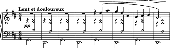 \new PianoStaff <<
      \new Staff <<
         \new Voice \relative c'' {
             \clef treble \key d \major \time 4/4
             \tempo "Lent et douloureux"
             \voiceOne R2. R2. R2. R2. r4 fis( a g fis cis b cis d a2.)
             }
         \new Voice \relative c' {
             \override DynamicLineSpanner.staff-padding = #2
             \voiceTwo \stemUp \crossStaff { \override Stem.length = #7 r4\pp <d fis>2 r4 <cis fis>2 r4 <d fis>2 r4 <cis fis>2 r4 <d fis>2 r4 <cis fis>2 r4 <d fis>2 r4 <cis fis>2 }
              }
         \new Voice \relative c' {
             \dynamicUp s2. s2. s2. s2. s4 s2\< s2. s2 s4\!\> s2 s4\!
              }
            >>
     \new Staff <<
         \new Voice \relative c' {
             \clef bass \key d \major \time 3/4
             \voiceOne \stemUp \override Stem.length = #8 s4 \crossStaff { b2 s4 a2 s4 b2 s4 a2 s4 b2 s4 a2 s4 b2 s4 a2 }
             }
         \new Voice \relative c {
             \voiceTwo g2. d g d g d g d
             }
         >>
    >>