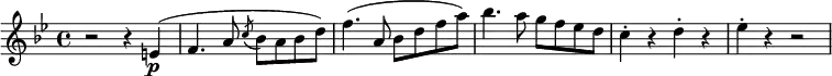 \relative e' {
  \key bes \major \time 4/4
  r2 r4 e( \p
  f4. a8 \acciaccatura c8 bes a bes d)
  f4.( a,8 bes d f a)
  bes4.( a8 g f es d(
  c4-. r d-. r
  es4-. r r2
}
