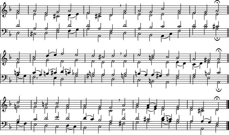 << <<
\new Staff { \clef treble \time 4/2 \partial 2 \key d \minor \set Staff.midiInstrument = "church organ" \omit Score.TimeSignature \set Score.tempoHideNote = ##t \override Score.BarNumber #'transparent = ##t
  \transpose c d { \relative c''
  << { g2 | g es f g | es d c \breathe
  g' | g f bes g | es f g\fermata \bar"||" \break
  g | bes c4( d) es2 d | c b c \breathe
  c | d c bes a | g fis g\fermata \bar"||"
  c | bes a bes g | g f es \breathe
  g | as g4( f) es2 f | es d c\fermata \bar"|." } \\
  { es2 | d c b c4( d) | es2 b c
  es | d c d es | es d d
  d | g f es f | es d es
  es | d a' d, d4( c) | bes( c) d2 d
  f! | f es f es | es d bes
  c | f es4( d) c2 d | c b c } >> }
}
\new Staff { \clef bass \key d \minor \set Staff.midiInstrument = "church organ"
  \transpose c d { \relative c'
  << { c2 | g g f c' | c g es
  c' | g as bes bes | c c b
  bes! | bes4( g) a( b) c( bes) as2 | a g g
  a | a4( g) g( fis) g2 fis | g a bes
  a | bes c d c | c4( bes) as2 g
  c | c b c4( bes) as2 | g g4( f) es2 } \\
  { c2 | b c d es4( f) | g2 g, c
  c | bes as g4( bes) es2 | as as g\fermata
  g4( f) | es2. d4 c2 f | fis g c,
  f | bes, a g d' | es d g,\fermata
  f'4( es) | d2 c bes c4( bes) | as2 bes es
  e | f g as4( g) f2 | g g, c } >> }
}
>> >>
\layout { indent = #0 }
\midi { \tempo 2 = 80 }
