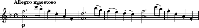 \relative c'' {
  \tempo "Allegro maestoso"
  \key f \major
  <f a,>2.\p c'8( a) |
  f4-. c-. a-. f-. |
  <f d'>2. bes'8( g) |
  f4( e) d( c) |
  <f a,>2. c'8( a) |
  f4-. c-. a-. f-. |
}