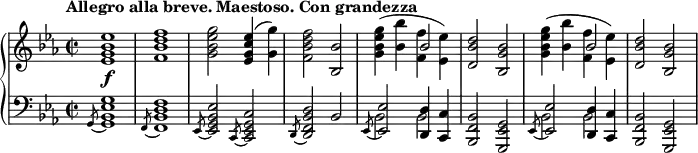 {\new PianoStaff << \new Staff << \new voice \relative c' {
  \tempo "Allegro alla breve. Maestoso. Con grandezza"
  \set Score.tempoHideNote = ##t \tempo 2 = 66
  \clef treble
  \bar ""
  \key es \major
  \time 2/2
  \slashedGrace s8 <es g bes es>1\f
  <f bes d f>
  <g bes es g>2 <es g c es>4( <g g'>)
  <f bes d f>2 <bes, bes'>
  \stemDown <g' bes es g>4( <bes bes'> <f f'> <es es'>)
  \stemNeutral <d bes' d>2 <bes g' bes>
  \stemDown <g' bes es g>4( <bes bes'> <f f'> <es es'>)
  \stemNeutral <d bes' d>2 <bes g' bes>
}
  \new voice \relative c'' {
    s1 s1 s1 s1
    s2 \stemUp bes s1
    s2 bes
}
>>
\new Staff << \new voice \relative c {
  \clef bass
  \bar ""
  \key es \major
  \time 2/2
  \slashedGrace g8~ <g bes es g>1
  \slashedGrace f8~ <f bes d f>1
  \slashedGrace es8~ <es g bes es>2 \slashedGrace c8~ <c es g c>2
  \slashedGrace d8~ <d f bes d>2 bes'
  \stemUp \slashedGrace es,8~ <es es'>2( <d d'>4 <c c'>
  \stemNeutral <bes f' bes>2 <g es' g>
  \stemUp \slashedGrace es'8~ <es es'>2( <d d'>4 <c c'>
  \stemNeutral <bes f' bes>2 <g es' g>
}
  \new voice \relative c {
    s1 s1 s1 s1
    \stemDown bes2 bes s1
    bes2 bes
}
>>
 >> }