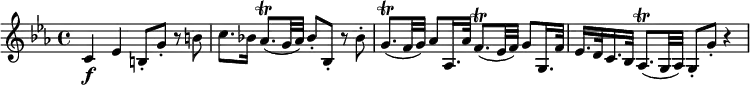 { \tempo 4 = 54  \set Score.tempoHideNote=##t \set Staff.midiInstrument = "violin" \relative c' { \key c \minor \time 4/4
c4 \f es b8-. g'-. r b | c8. bes!16 as8.( \trill g32 as) bes8-. bes,-. r bes'-. |
g8.( \trill f32 g) as8 as,16. as'32 f8.( \trill es32 f) g8 g,16. f'32 |
es16. d32 c16. bes32 as8.( \trill g32 as) g8-. g'-. r4 }}
\layout { \context { \Score \override SpacingSpanner.common-shortest-duration = #(ly:make-moment 1/8) }}