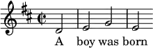 { \set Score.automaticBars = ##f  \key d \major \time 2/2 \relative c' {d2 \bar "|" e2 g2 \bar "|" e2} \addlyrics {A boy was born } }
