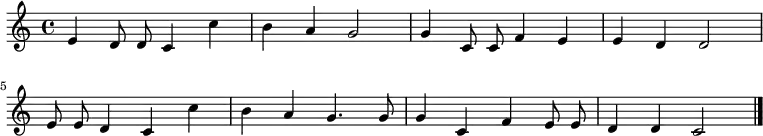 \new Staff <<
\clef treble \key c \major {
      \time 4/4 \autoBeamOff 
      \relative c' {
        e4 d8 d8 c4 c' | b a g2 | g4 c,8 c f4 e | e d d2 \break
        e8 e d4 c c' | b4 a g4. g8 | g4 c, f e8 e | d4 d c2 \bar "|."
      }
    }
>>
\midi { \tempo 2 = 78 }