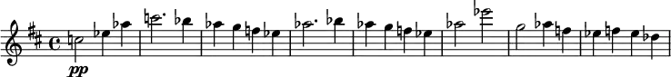 \relative c'' {
  \key d \major
  c2\pp es4 as4 | c2. bes4 | as g f es | as2. bes4 | as g f es | as2 es' | g, as4 f | es f es des
}
