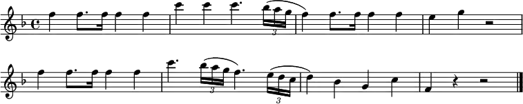 \relative c'' {
  \override Score.BarNumber #'stencil = ##f
  \key f \major
  f4 f8. f16 f4 f |
  c'4 c c4. \times 2/3 { bes16( a g } |
  f4) f8. f16 f4 f |
  e4 g r2 |
  f4 f8. f16 f4 f |
  c'4. \times 2/3 { bes16( a g } f4.) \times 2/3 { e16( d c } |
  d4) bes g c |
  f,4 r r2 | \bar "|."
}