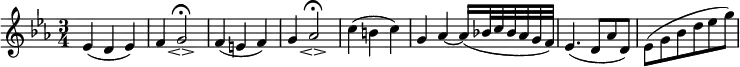 \relative es' {
  \key es \major \time 3/4
  es4( d es)
  f4 g2\espressivo \fermata
  f4( e f)
  g4 as2 \espressivo \fermata
  c4( b c)
  g4 as~ as16( bes!32 c bes as g f)
  es4.( d8 as' d,)
  es8( g bes d es g)
}