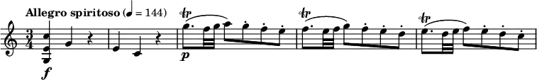 \relative c'' {
  \override Score.NonMusicalPaperColumn #'line-break-permission = ##f
  \tempo "Allegro spiritoso" 4=144
  \time 3/4
  <c e, g,>4\f g r |
  e4 c r |
  g''8.\trill\p( f32 g a8) g-. f-. e-. |
  f8.\trill( e32 f g8) f-. e-. d-. |
  e8.\trill( d32 e f8) e-. d-. c-. |
}