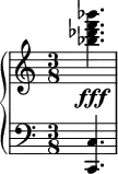 { \new PianoStaff << \new Staff \relative c'' { \clef treble \time 3/8 \key c \major
   <bes'' f des bes>4.\fff } \new Staff \relative c { \clef bass \time 3/8 \key c \major <c c,>4. } >> }