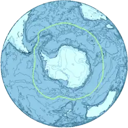 Map of Antarctica surrounded by a green line representing the Antarctic convergence