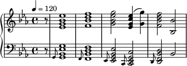  
{\language "english" 
\new PianoStaff << \new Staff 
{\set Staff.midiInstrument = #"piano" 
\clef treble \tempo 4 = 120 \time 4/4  \key ef \major \partial 8
r8
<ef' g' bf' ef''>1            %ef
<f'  bf' d'' f''>             %bf
<g' bf' ef'' g''>2            %ef
<ef' g' c'' ef''>4 (<g' g''>) %c:m
<f'  bf' d'' f''>2            %bf
<bf bf'>                      %"bf*
} 
\new Staff  { \set Staff.midiInstrument = #"piano" \partial 8
\clef bass \key ef \major
r8 \grace{g,8}
<g, bf, ef g>1 \grace{f,8}          %ef
<f, bf, d f>1  \grace{ef,8}            %bf
<ef, g, bf, ef>2 \grace{c,8}        %ef
<c, ef, g, c>2  \grace{d,8}          %c:m
<d, f, bf, d>2            %bf
<bf,>2                    %bf*
}      
>> }