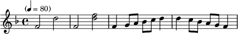
\language "english"  
\transpose c f \relative c' 
{\set Staff.midiInstrument = #"reed organ" \key c\major \time 4/4 \tempo "" 4 = 80 %
c2 a'
c, <c' a>
c,4 d8 e f g a4 
a4 g8 f e d c4
}