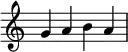 {
\override Score.TimeSignature
#'stencil = ##f
\override Score.SpacingSpanner.strict-note-spacing = ##t
\set Score.proportionalNotationDuration = #(ly:make-moment 1/4)
\time 4/4
{ 
\clef treble
g' a' b' a'
 
   }
}