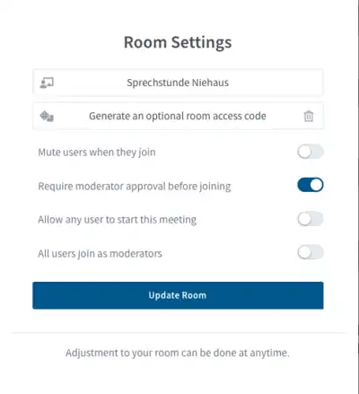 Settings for a digital consultation hour in BigBlueButton